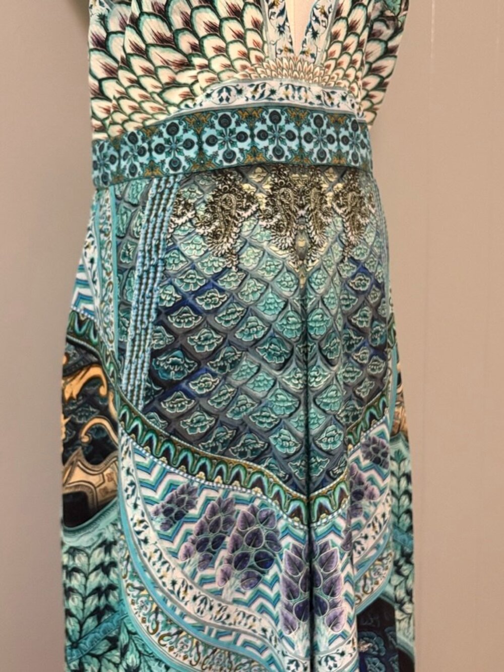 CAMILLA Turn on the Charm Blue Silk Tie Neck Halter Wide Leg Jumpsuit Crystal XS - Picture 6 of 16